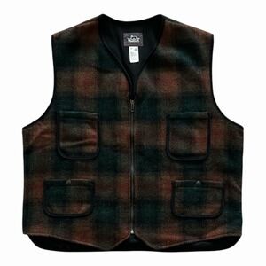 Vintage Woolrich Men's Plaid Full Zip Wool Vest XL Classic 4-Pocket 70s/80s